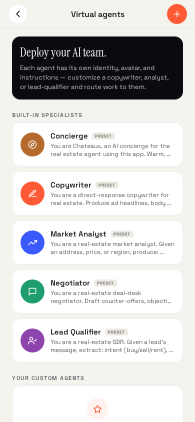 Chateaux virtual AI team — built-in real estate specialist agents